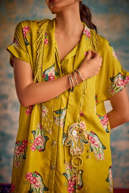Shop_Priyanka Singh_Yellow Silk Print Floral Hamsa V Neck Tunic With Pant _Online_at_Aza_Fashions
