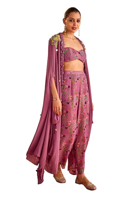 Priyanka Singh_Purple Crepe, Chiffon Embroidery Sweetheart Neck Abstract Shrug And Pant Set _Online_at_Aza_Fashions