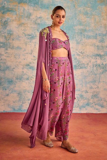 Buy_Priyanka Singh_Purple Crepe, Chiffon Embroidery Sweetheart Neck Abstract Shrug And Pant Set _Online_at_Aza_Fashions