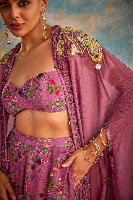 Shop_Priyanka Singh_Purple Crepe, Chiffon Embroidery Sweetheart Neck Abstract Shrug And Pant Set _Online_at_Aza_Fashions