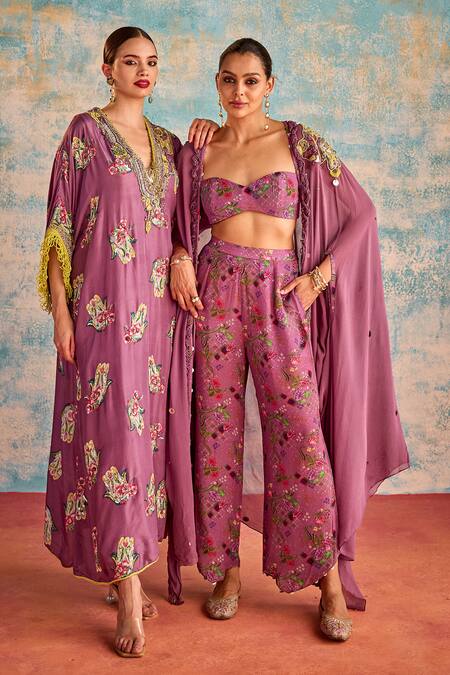 Priyanka Singh_Purple Crepe, Chiffon Embroidery Sweetheart Neck Abstract Shrug And Pant Set _at_Aza_Fashions