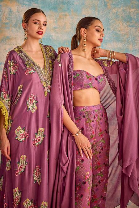 Buy_Priyanka Singh_Purple Crepe, Chiffon Embroidery Sweetheart Neck Abstract Shrug And Pant Set 