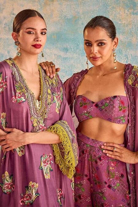 Shop_Priyanka Singh_Purple Crepe, Chiffon Embroidery Sweetheart Neck Abstract Shrug And Pant Set 
