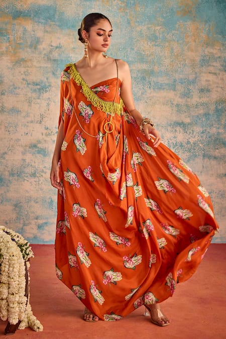 Buy_Priyanka Singh_Orange Silk Print Floral Hamsa Asymmetric Neck Kaftan _Online_at_Aza_Fashions