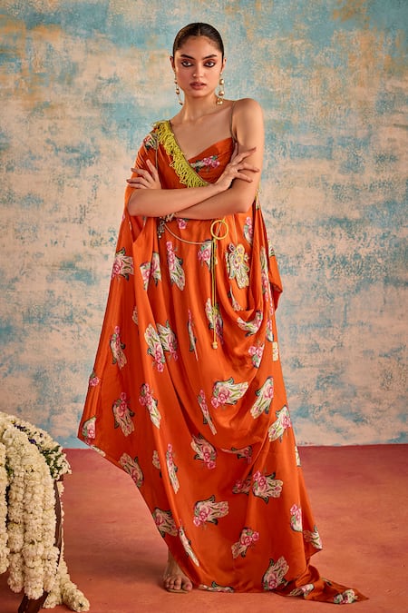 Shop_Priyanka Singh_Orange Silk Print Floral Hamsa Asymmetric Neck Kaftan _Online_at_Aza_Fashions
