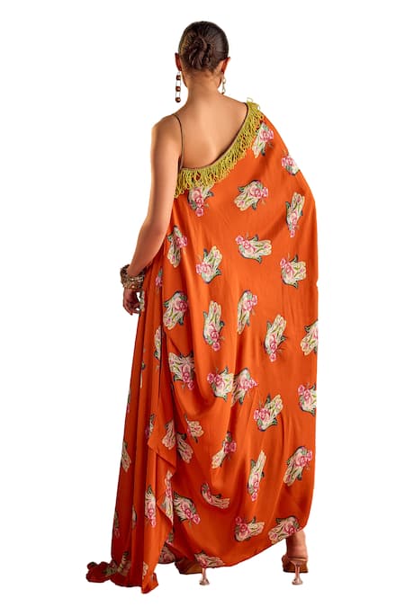 Priyanka Singh_Orange Silk Print Floral Hamsa Asymmetric Neck Kaftan _at_Aza_Fashions
