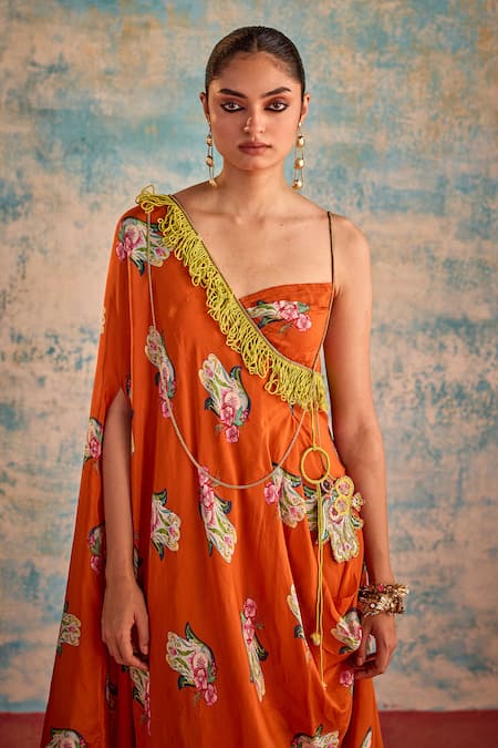Buy_Priyanka Singh_Orange Silk Print Floral Hamsa Asymmetric Neck Kaftan 