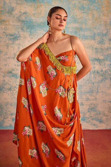 Shop_Priyanka Singh_Orange Silk Print Floral Hamsa Asymmetric Neck Kaftan 