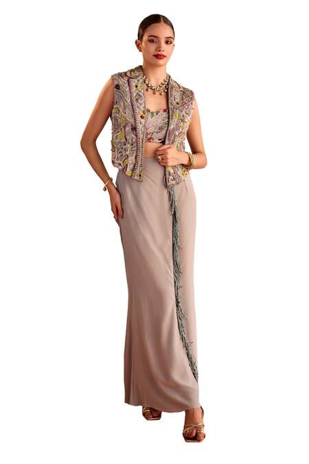 Priyanka Singh_Grey Silk Cut Work, Beads, Embroidery, Fringe Round Abstract Jacket Skirt Set _Online_at_Aza_Fashions