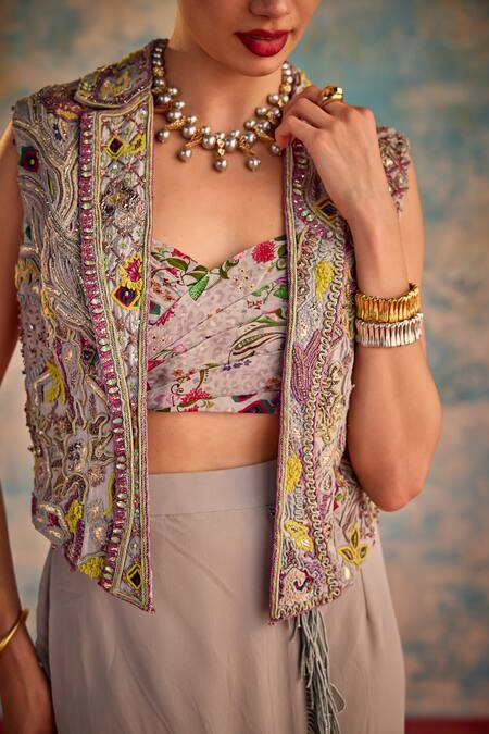 Priyanka Singh_Grey Silk Cut Work, Beads, Embroidery, Fringe Round Abstract Jacket Skirt Set _at_Aza_Fashions