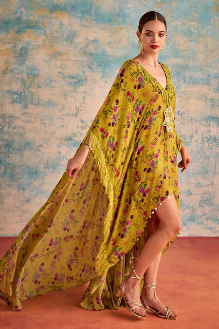 Priyanka Singh Yellow Crepe Print Floral V Neck Asymmetric Boho Dress Online at Aza Fashions Priyanka Singh_Yellow Crepe Print Floral V Neck Asymmetric Boho Dress _Online_at_Aza_Fashions