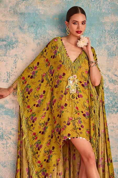 Buy Priyanka Singh Yellow Crepe Print Floral V Neck Asymmetric Boho Dress Online at Aza Fashions Buy_Priyanka Singh_Yellow Crepe Print Floral V Neck Asymmetric Boho Dress _Online_at_Aza_Fashions
