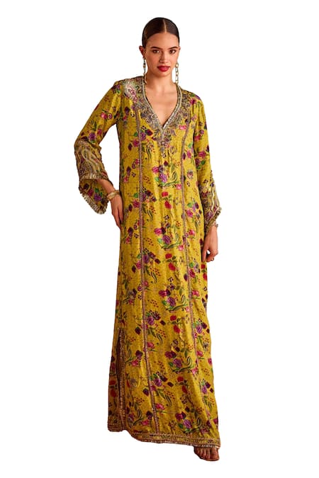 Priyanka Singh Yellow Silk Print Floral V Neck Farshi Dress Online at Aza Fashions Priyanka Singh_Yellow Silk Print Floral V Neck Farshi Dress _Online_at_Aza_Fashions