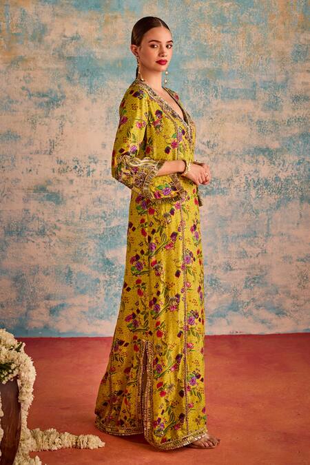 Buy Priyanka Singh Yellow Silk Print Floral V Neck Farshi Dress Online at Aza Fashions Buy_Priyanka Singh_Yellow Silk Print Floral V Neck Farshi Dress _Online_at_Aza_Fashions