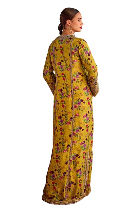 Shop Priyanka Singh Yellow Silk Print Floral V Neck Farshi Dress Online at Aza Fashions Shop_Priyanka Singh_Yellow Silk Print Floral V Neck Farshi Dress _Online_at_Aza_Fashions