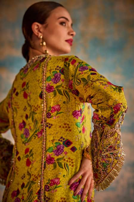 Priyanka Singh Yellow Silk Print Floral V Neck Farshi Dress at Aza Fashions Priyanka Singh_Yellow Silk Print Floral V Neck Farshi Dress _at_Aza_Fashions