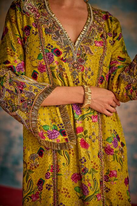 Buy Priyanka Singh Yellow Silk Print Floral V Neck Farshi Dress Buy_Priyanka Singh_Yellow Silk Print Floral V Neck Farshi Dress