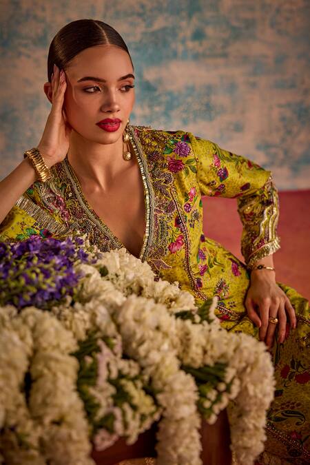 Shop Priyanka Singh Yellow Silk Print Floral V Neck Farshi Dress Shop_Priyanka Singh_Yellow Silk Print Floral V Neck Farshi Dress
