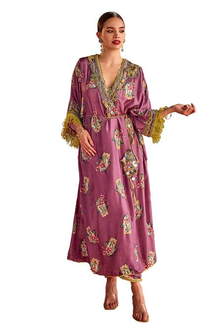 Priyanka Singh_Purple Silk Floral Hamsa Print Pheran With Pant _Online_at_Aza_Fashions