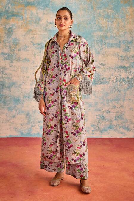 Priyanka Singh Blue Silk Print Floral Collared Neck Tunic With Pant 