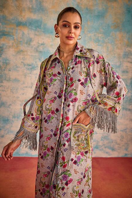 Priyanka Singh_Blue Silk Embroidery Collared Floral Print Tunic With Pant _Online_at_Aza_Fashions