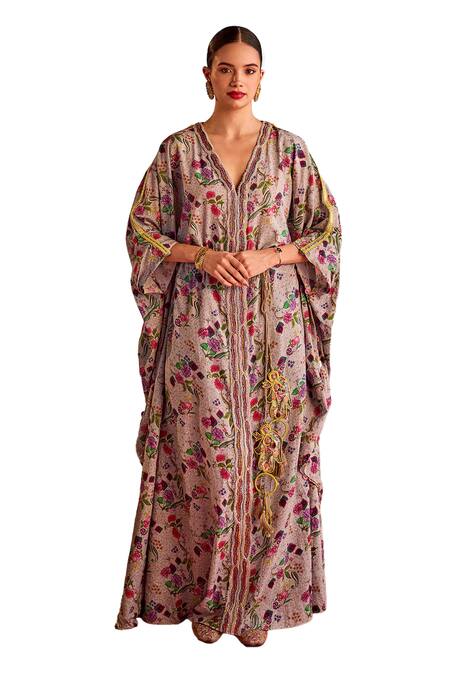 Priyanka Singh_Purple Cotton Embroidery V-neck Flower Vine Print Kaftan _Online_at_Aza_Fashions