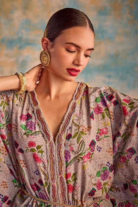 Buy_Priyanka Singh_Purple Cotton Embroidery V-neck Flower Vine Print Kaftan _Online_at_Aza_Fashions