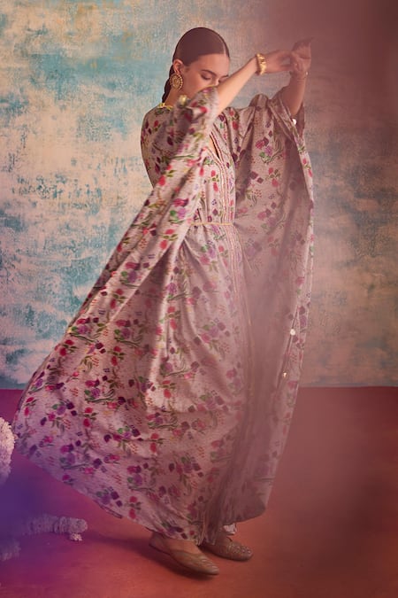 Shop_Priyanka Singh_Purple Cotton Embroidery V-neck Flower Vine Print Kaftan _Online_at_Aza_Fashions