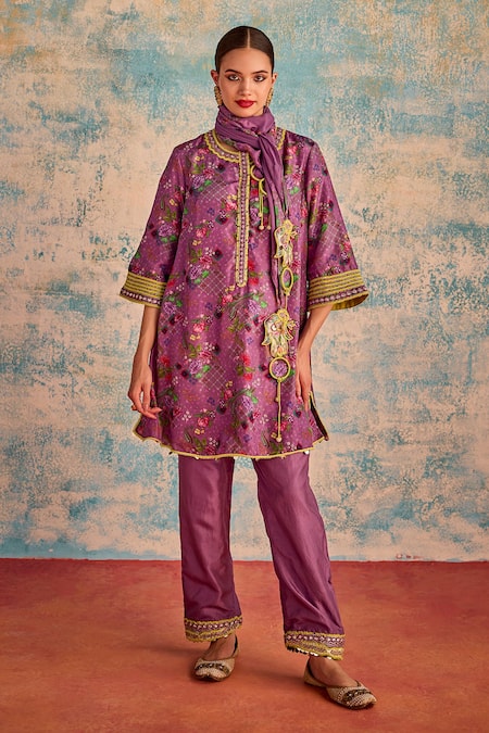 Priyanka Singh Purple Silk Print Floral Round Neck A-line Kurta Pant Set 