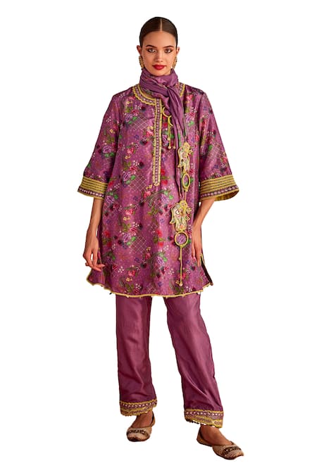 Priyanka Singh_Purple Silk, Chiffon Embroidery Round Neck Floral Print A-line Kurta Pant Set _Online_at_Aza_Fashions