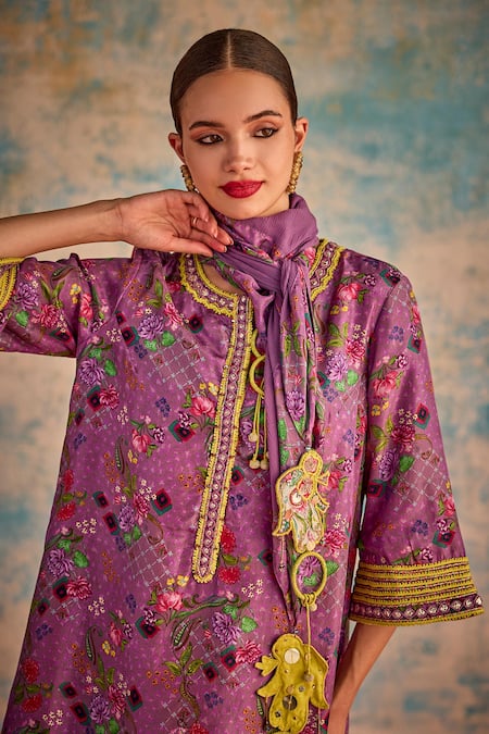 Buy_Priyanka Singh_Purple Silk, Chiffon Embroidery Round Neck Floral Print A-line Kurta Pant Set _Online_at_Aza_Fashions