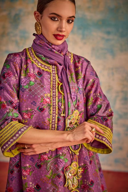Shop_Priyanka Singh_Purple Silk, Chiffon Embroidery Round Neck Floral Print A-line Kurta Pant Set _Online_at_Aza_Fashions