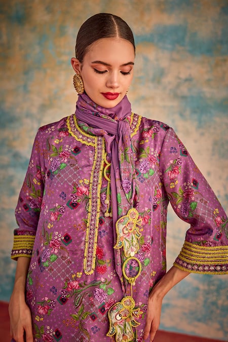Priyanka Singh_Purple Silk, Chiffon Embroidery Round Neck Floral Print A-line Kurta Pant Set _at_Aza_Fashions