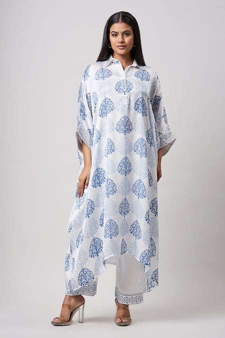 Sanjev Marwaaha Ivory Modal Satin Hand Block Printed Collared Asymmetric Kaftan And Pant Set 