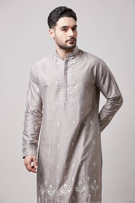 Sanjev Marwaaha Grey Cotton, Silk Embroidery Mughal Butti Kurta And Pant Set Online at Aza Fashions Sanjev Marwaaha_Grey Cotton, Silk Embroidery Mughal Butti Kurta And Pant Set_Online_at_Aza_Fashions