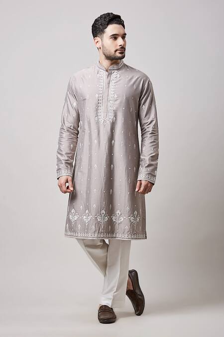 Shop Sanjev Marwaaha Grey Cotton, Silk Embroidery Mughal Butti Kurta And Pant Set Online at Aza Fashions Shop_Sanjev Marwaaha_Grey Cotton, Silk Embroidery Mughal Butti Kurta And Pant Set_Online_at_Aza_Fashions