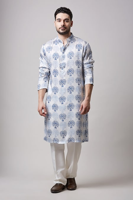 Sanjev Marwaaha Ivory Modal Satin Hand Block Printed Kurta And Pant Set 