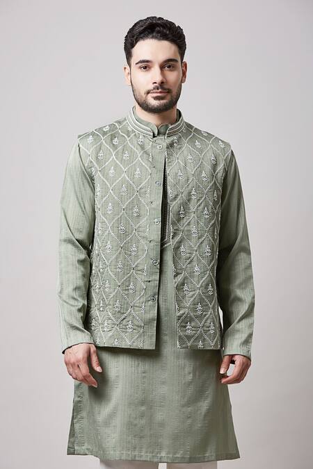 Sanjev Marwaaha_Green Cotton, Silk Embroidery Geometric Thread Bundi Set_Online_at_Aza_Fashions