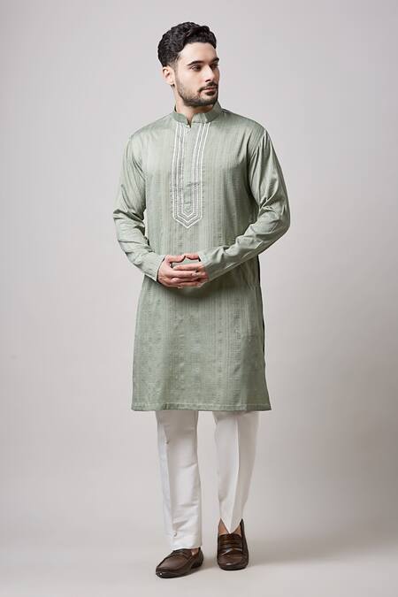 Shop_Sanjev Marwaaha_Green Cotton, Silk Embroidery Geometric Thread Bundi Set_Online_at_Aza_Fashions