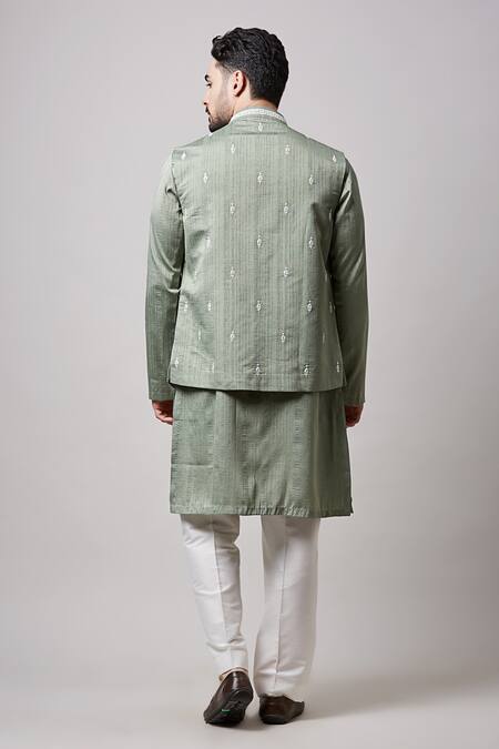 Shop_Sanjev Marwaaha_Green Cotton, Silk Embroidery Thread Bundi Kurta Set_at_Aza_Fashions