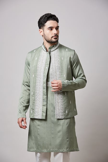 Sanjev Marwaaha_Green Cotton, Silk Embroidery Thread Bundi Kurta Set_Online_at_Aza_Fashions