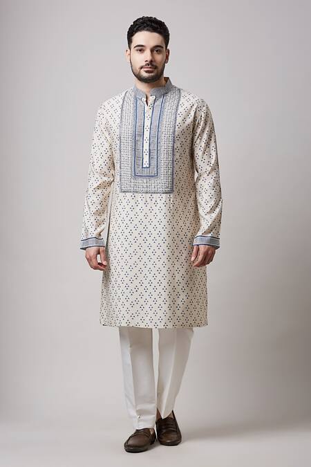 Buy_Sanjev Marwaaha_Grey Cotton, Silk Beads Triangle Print Work Kurta And Pant Set_Online_at_Aza_Fashions