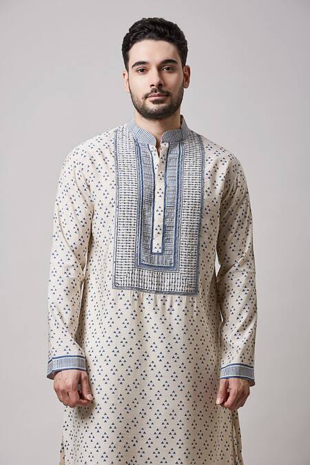 Shop_Sanjev Marwaaha_Grey Cotton, Silk Beads Triangle Print Work Kurta And Pant Set_Online_at_Aza_Fashions