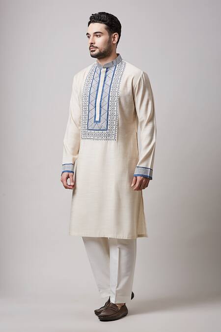 Sanjev Marwaaha_Grey Cotton, Silk Beads Embroidered Yoke Kurta And Pant Set_Online_at_Aza_Fashions