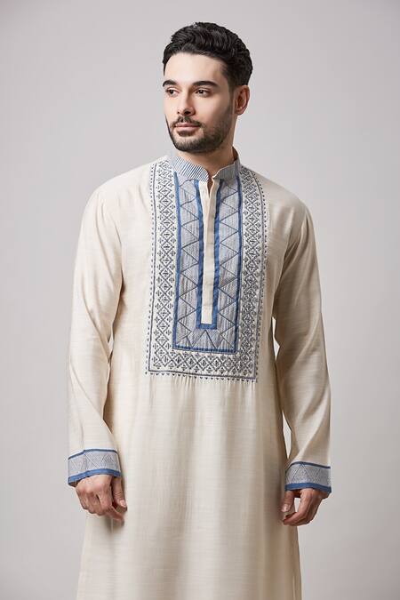 Buy_Sanjev Marwaaha_Grey Cotton, Silk Beads Embroidered Yoke Kurta And Pant Set_Online_at_Aza_Fashions