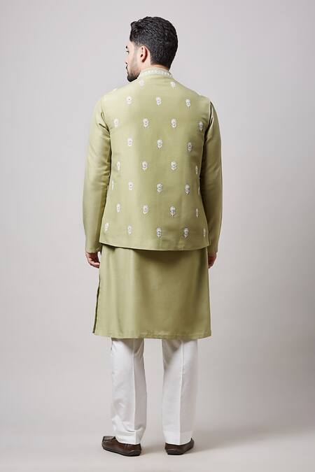 Shop Sanjev Marwaaha Green Cotton, Silk Embroidery Thread Bundi Kurta Set at Aza Fashions Shop_Sanjev Marwaaha_Green Cotton, Silk Embroidery Thread Bundi Kurta Set_at_Aza_Fashions