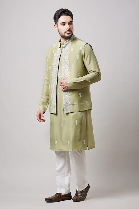 Buy Sanjev Marwaaha Green Cotton, Silk Embroidery Thread Bundi Kurta Set Online at Aza Fashions Buy_Sanjev Marwaaha_Green Cotton, Silk Embroidery Thread Bundi Kurta Set_Online_at_Aza_Fashions