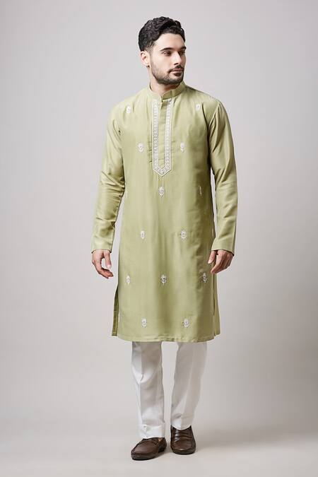 Shop Sanjev Marwaaha Green Cotton, Silk Embroidery Thread Bundi Kurta Set Online at Aza Fashions Shop_Sanjev Marwaaha_Green Cotton, Silk Embroidery Thread Bundi Kurta Set_Online_at_Aza_Fashions