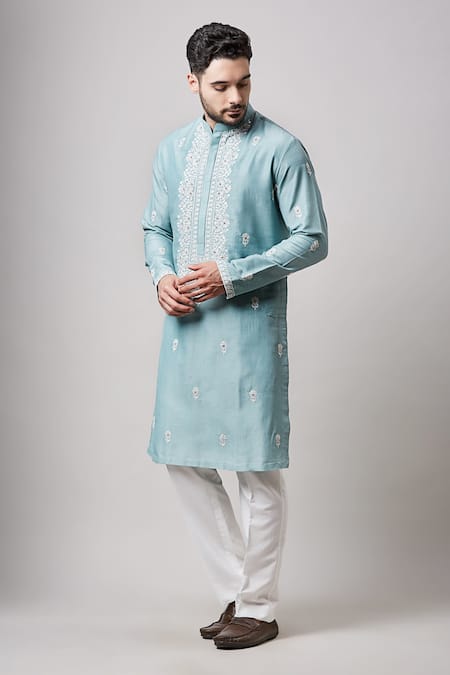 Sanjev Marwaaha Blue Cotton, Silk Embroidery Floral Kurta And Pant Set Online at Aza Fashions Sanjev Marwaaha_Blue Cotton, Silk Embroidery Floral Kurta And Pant Set _Online_at_Aza_Fashions
