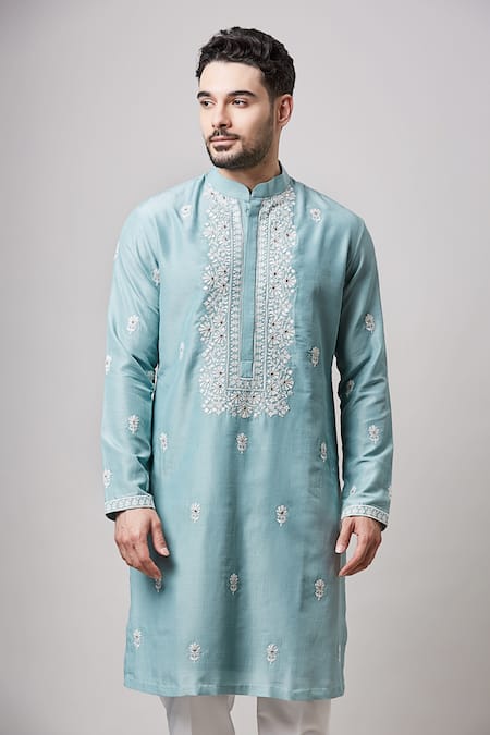 Buy Sanjev Marwaaha Blue Cotton, Silk Embroidery Floral Kurta And Pant Set Online at Aza Fashions Buy_Sanjev Marwaaha_Blue Cotton, Silk Embroidery Floral Kurta And Pant Set _Online_at_Aza_Fashions